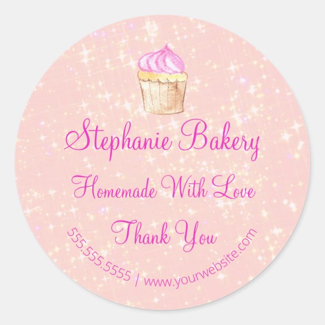 Adesivo Caseiro com Amor| Padaria de Cup Cake  Brilho Rosa (Frente)