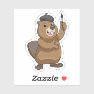 Adesivo Castor como Pintor com Pincel de Tinta