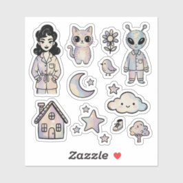 Adesivo Cat Alien Pinup Girl Cool Illustration Sticker Set