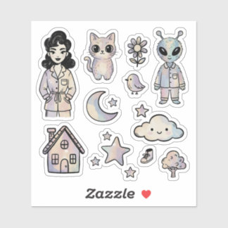 Adesivo Cat Alien Pinup Girl Cool Illustration Sticker Set