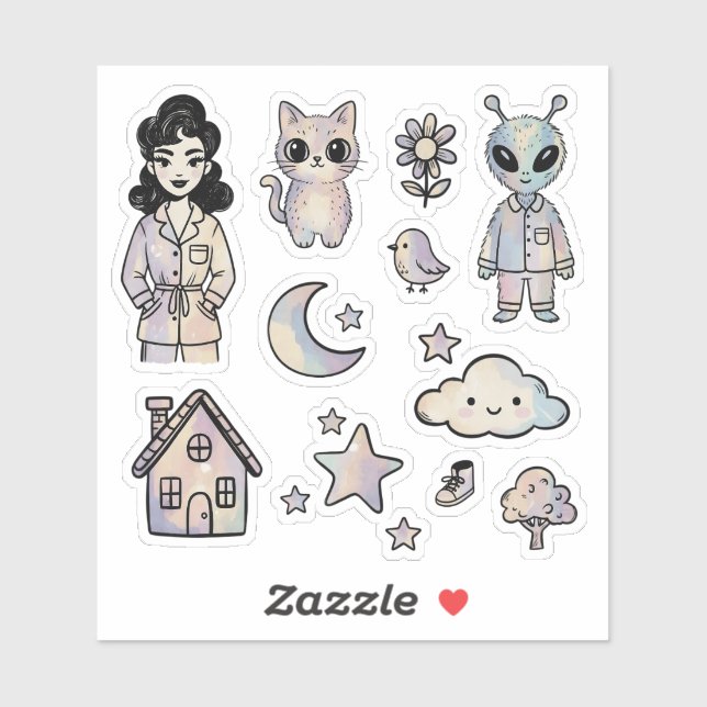 Adesivo Cat Alien Pinup Girl Cool Illustration Sticker Set (Folha)