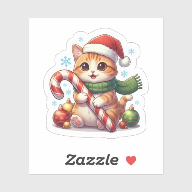 Adesivo Cat and Candy Cane Cute Christmas Holiday Sticker (Folha)