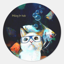 Cat Fish Sushi Humor Engraçado Fantasy Round Stick