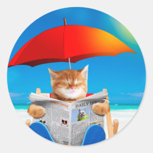 Adesivo Cat Na Praia Lê O Jornal