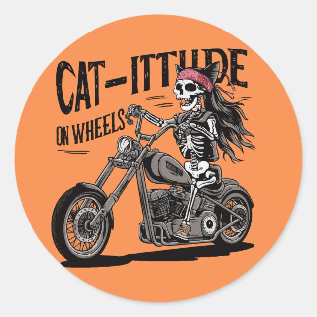 Adesivo Cat Skeleton Andando A Moto Cat-itude em onde (Frente)
