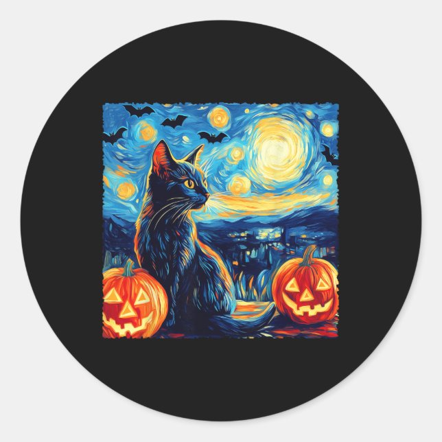 Adesivo Cat Starry Night Van Gogh Cat Bats Pumpkins (Frente)