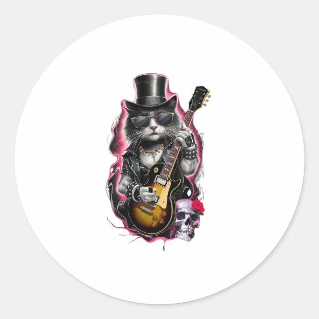 Adesivo Cat Tocando Violão Rock & Roll 80s 90s Rock Banda  (Frente)