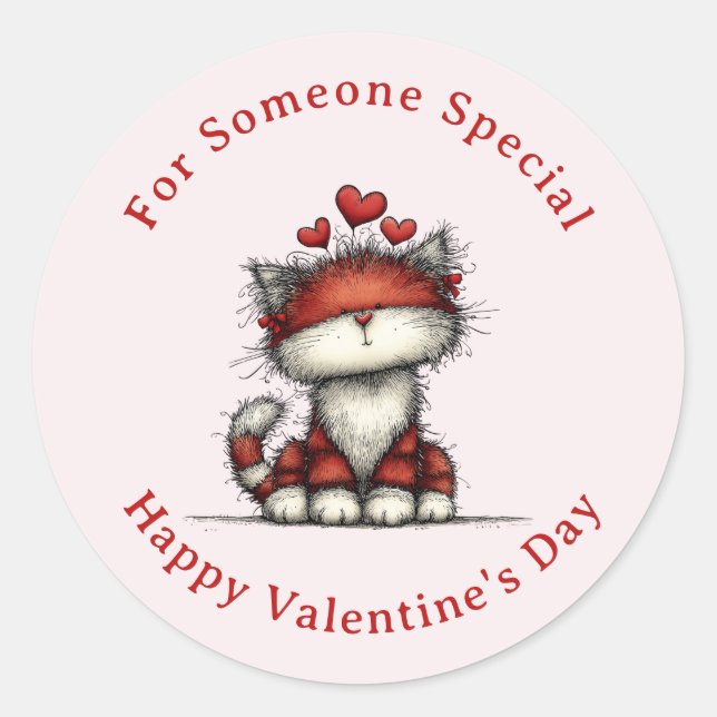 Adesivo Cat with Red Love Hearts Cute Fun Valentine's Day (Frente)