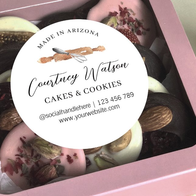 Adesivo Catering da Padaria de Whisk com Cadeado de Script (Modern pastry chef bakery made with love stickers with watercolor rolling pin and whisk graphics)