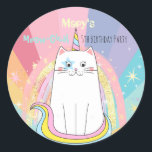 Adesivo Caticorn Cat Miow-Gical Birthday Kid<br><div class="desc">Linha de aniversário mágica de erva-doce para garotas em qualquer idade. Arco-íris bonito,  pastel com unicórnio de gato e estrelas. Outros suprimentos de terceiros também disponíveis. Tudo editável!</div>