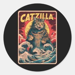 Adesivo Catzilla Japonês Art Funny Cat Vintage Graphic