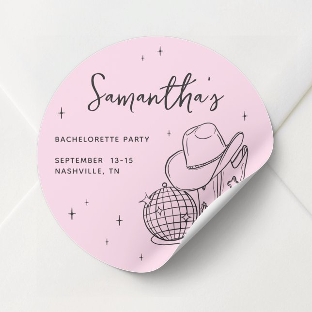 Adesivo Caubói Rosa de Disco Último Rodeio Festa de Desped (Pink Cowgirl Disco Last Rodeo Bachelorette Party Classic Round Sticker)