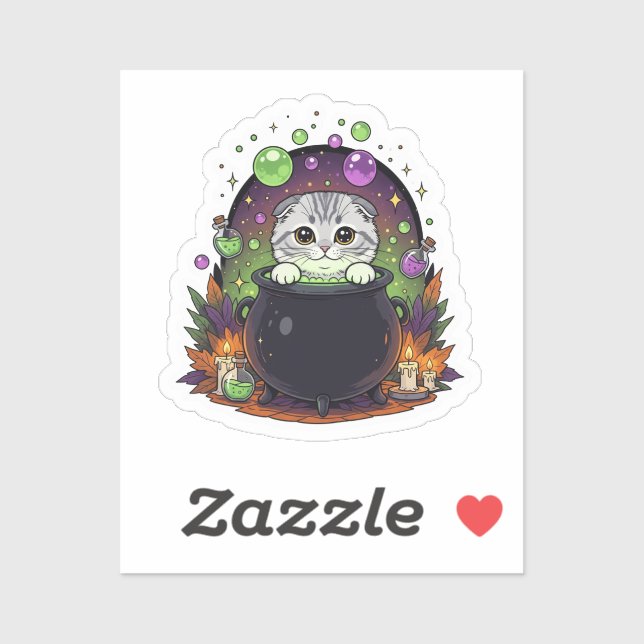 Adesivo Cauldron Fold - Cute Scottish Fold Witeen (Folha)