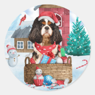 Adesivo Cavalier King Cachorro Na Casa de Natal na Neve