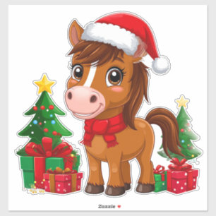 Adesivo Cavalo de Natal Fofo Com Chapéu de Papai Noel