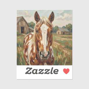 Adesivo Cavalo Marrom e Branco Bonito em uma Fazenda Rústi