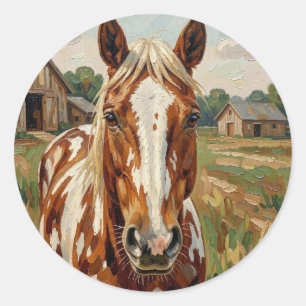 Adesivo Cavalo Marrom e Branco Bonito em uma Fazenda Rústi