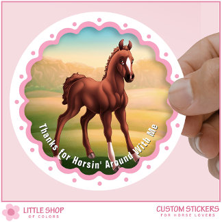 Adesivo Cavalo Poldro Marrom Favor de Aniversário Obrigado