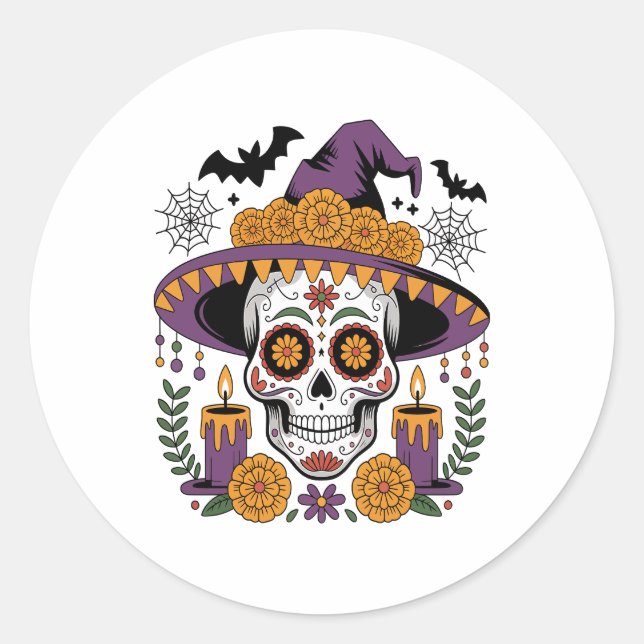 Adesivo Caveira com Vetor de Hat Halloween de Bruxas (Frente)