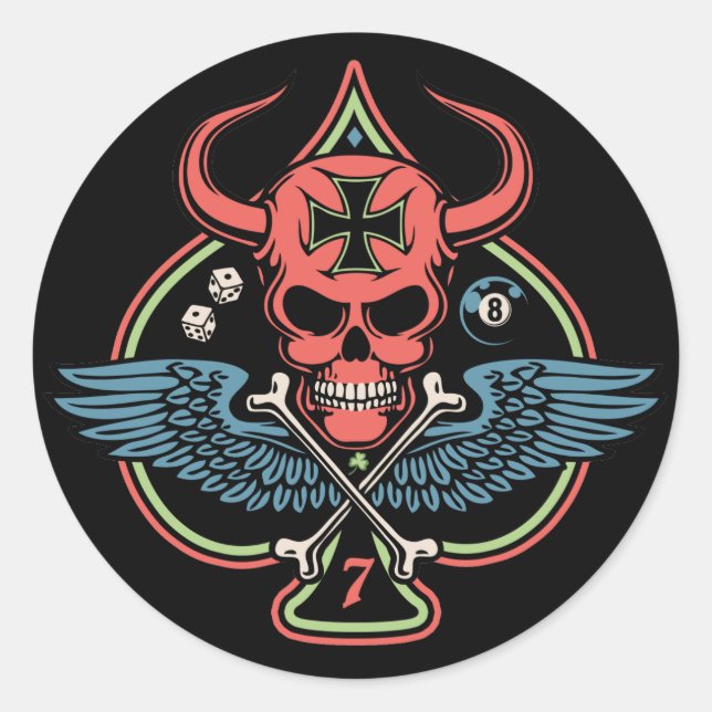 Adesivo Caveira do Diabo Maltês, Lucky Winged, de Espadas (Frente)