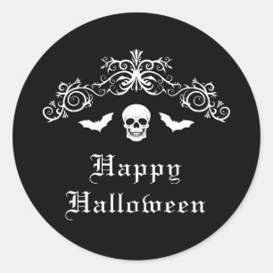 Adesivo Caveira e Morcegos Feliz Halloween Preto e Branco