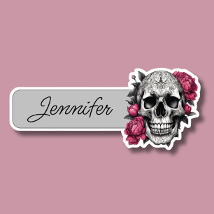 Adesivo Caveira Gótica com ID de Peônias Rosa