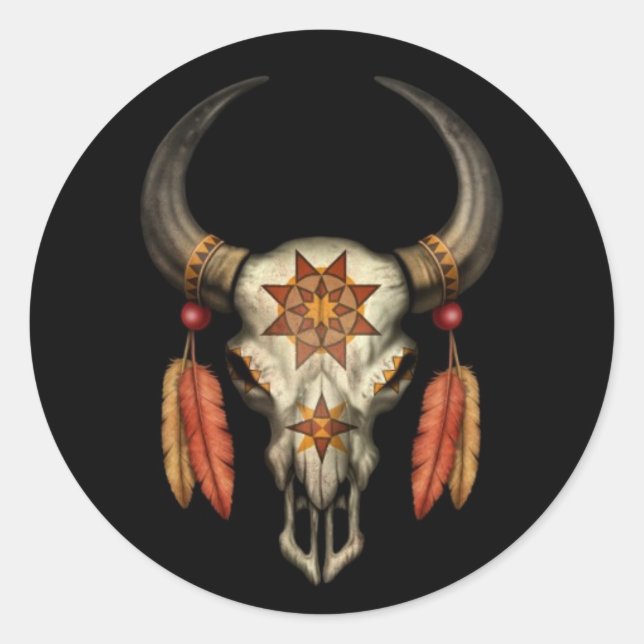 Adesivo Caveira Nativa Decorada com Penas a Preto (Frente)