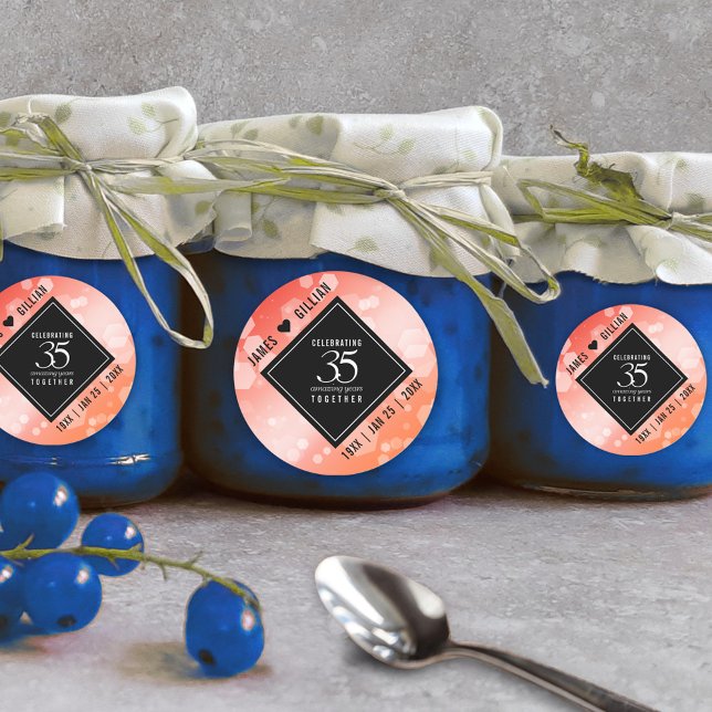 Adesivo Celebração do 35º aniversário do Casamento de Cora (Elegant 35th Coral Wedding Anniversary Round Sticker Cover Photo.)