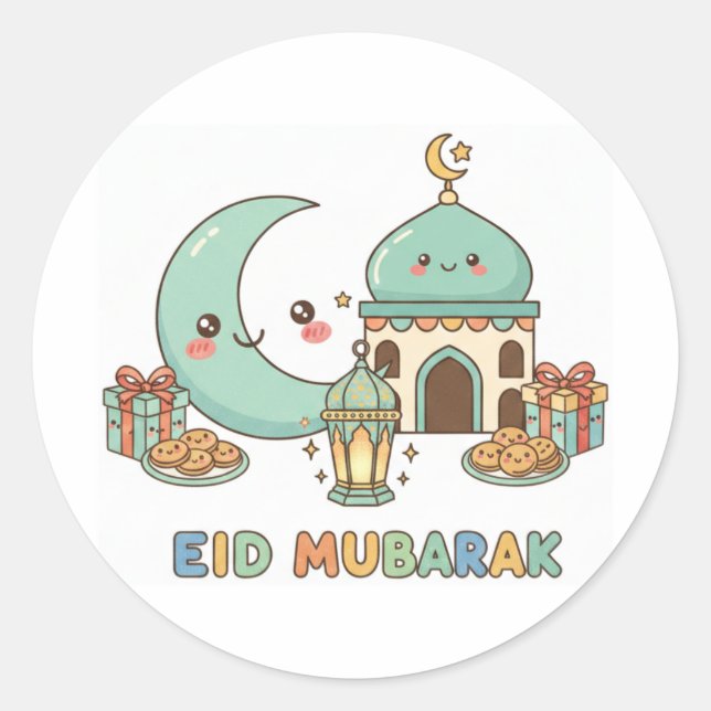 Adesivo Celebração Eid Mubarak - Lua Sorridente Kawaii (Frente)