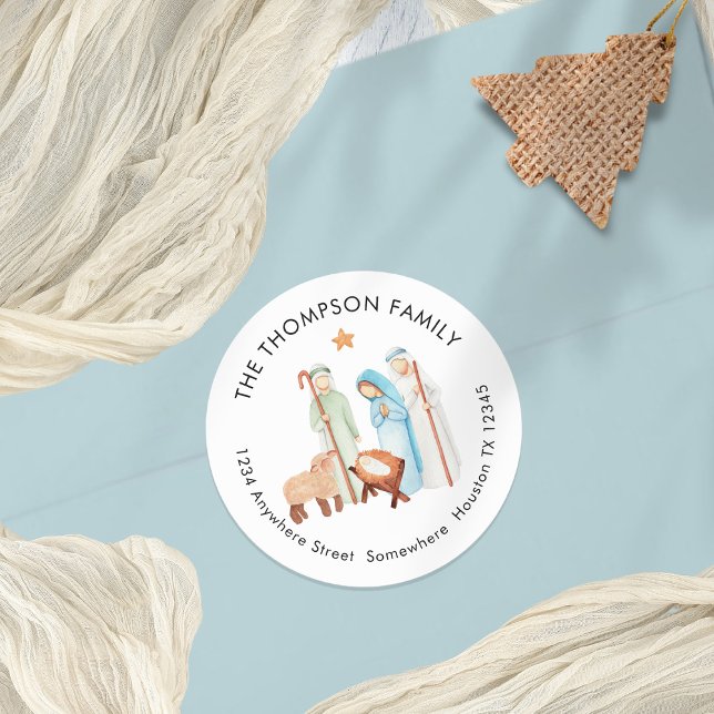 Adesivo Cena de Natividade com o nome de devolução Shepher (Mary Joseph Baby jesus and Shepherd Return Name Address Sticker sheet)