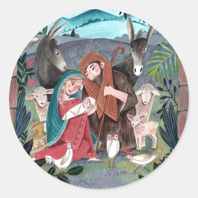 Adesivo Cena de natividade religiosa azul, vermelha Mary & (Frente)