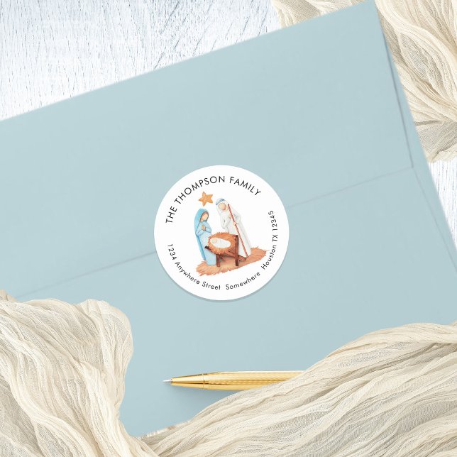 Adesivo Cena de Natividade Simples Nome de Devolução Ender (Mary Joseph baby Jesus Nativity Scene All is Calm Return Name and Address Round Sticker)
