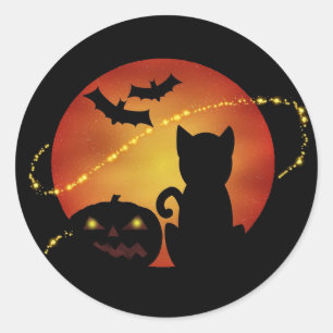Adesivo Cena de Silhueta de Gato de Halloween, Abóbora e M