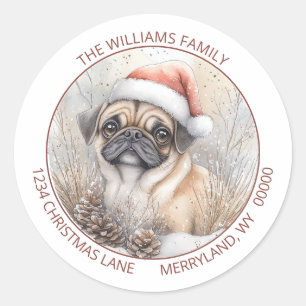 Adesivo Cena em Aquarela de Cachorro Santa Pug Inverno Nev