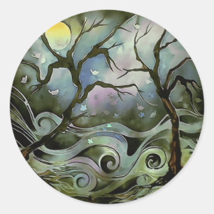 Adesivo cena noturna de árvore pintura artística em seda l