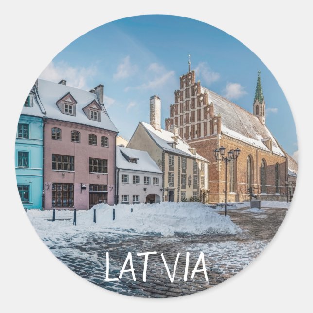 Adesivo Centro de cidade de inverno de neve em Riga, Letón (Frente)