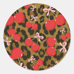 Adesivo Cerejas Vermelhas com Laço Rosa Estampa de Leopard