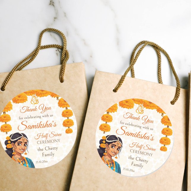 Adesivo Cerimônia de Half Saree, bonitinha para a garota i (Half Saree Ceremony favor gift stickers cute Indian girl with marigolds yellow Ganesha)