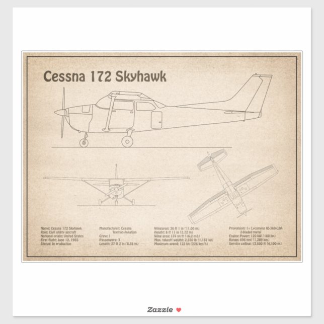 Adesivo Cessna 172 Skyhawk - Planos de avião Blueprint SD (Folha)