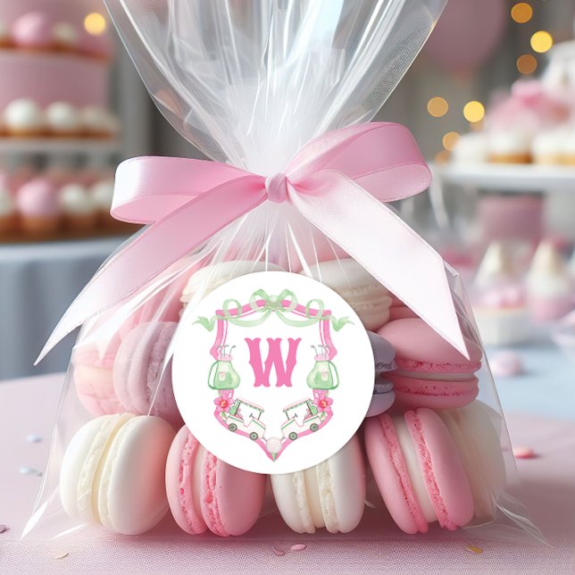 Adesivo Cesto do Monograma do Carrinho de Golfe Rosa e Ver (Criador carregado)