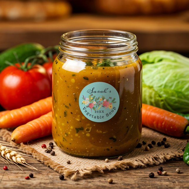 Adesivo Cevada de Jardim Vegetal Fresca e Borboletas Teal (Fresh Vegetable Garden Medley & Butterflies Teal Classic Round Sticker)