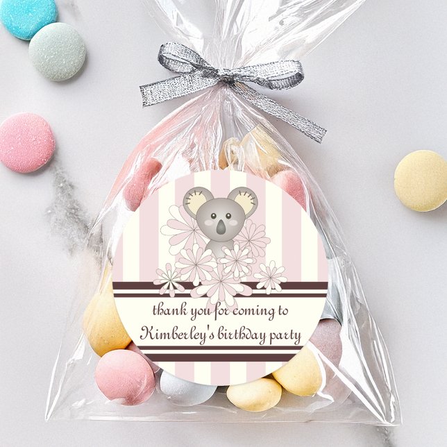 Adesivo Chá/Aniversário de criança de Garota Koala Rosa Pa (Criador carregado)