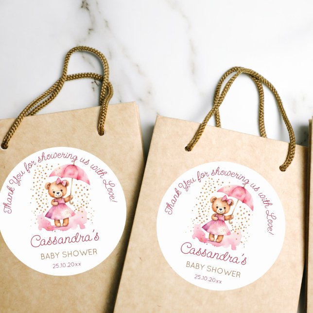 Adesivo Chá com amor garota, o chá de fraldas do urso de p (Shower with love beary cute girl teddy bear baby shower thank you favor gift stickers pink umbrella)