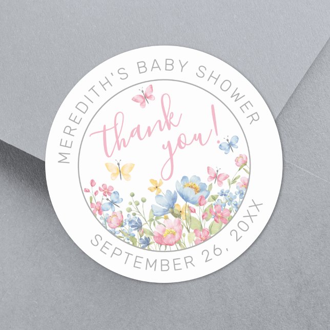 Adesivo Chá de Bebê A Little Wildflower Obrigada (A Little Wildflower Baby Shower Thank You Classic Round Sticker)