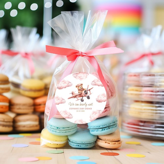 Adesivo Chá de Bebê Avião Urso Fofo Rosa Menina (Cute Bear Airplane Pink Girl Baby Shower Classic Round Sticker)