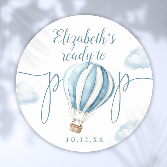 Adesivo Chá de Bebê Balão Azul Pronto Para Estourar (Ready To Pop Blue Balloon Baby Shower Classic Round Sticker)
