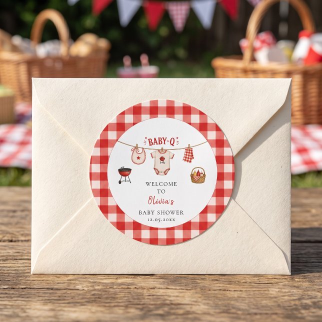 Adesivo Chá de Bebê BBQ Rustico Xadrez Vermelho (Bbq Baby Shower Rustic Red Gingham Classic Round Sticker)