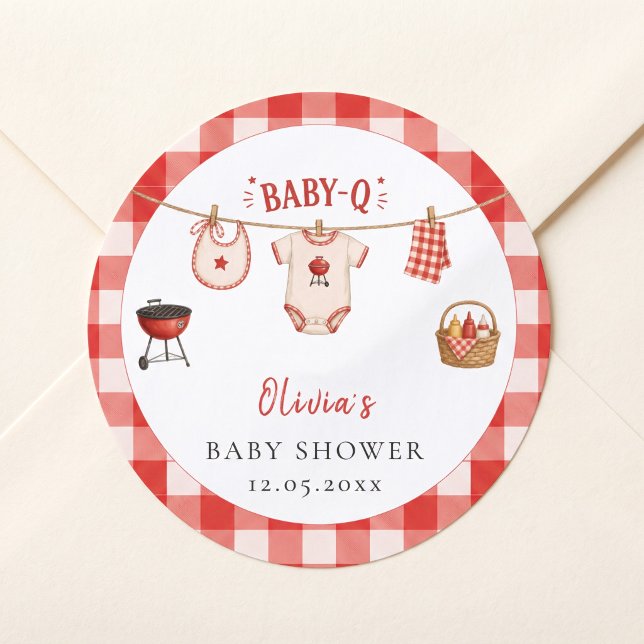 Adesivo Chá de Bebê BBQ Rustico Xadrez Vermelho (Bbq Baby Shower Rustic Red Gingham Classic Round Sticker)
