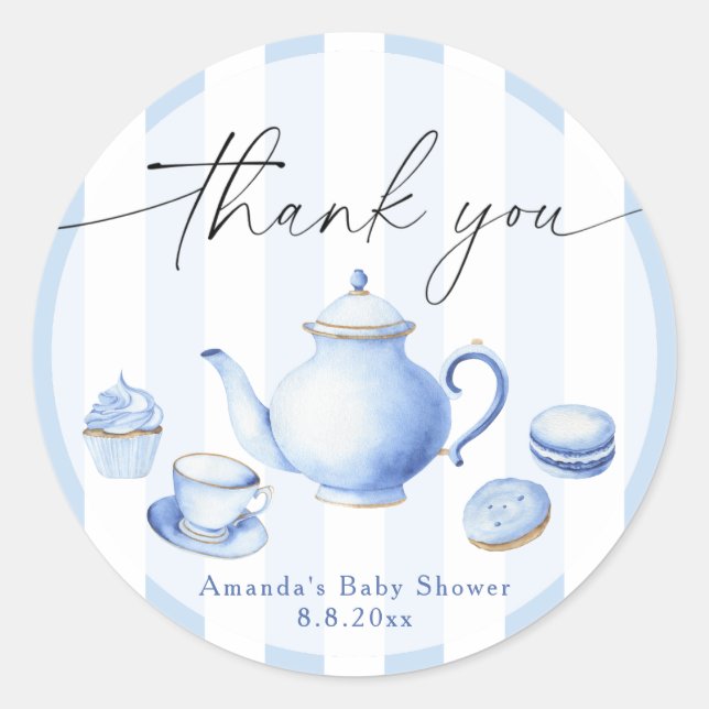 Adesivo Chá de Bebê Blue Tea Party Obrigada (Frente)