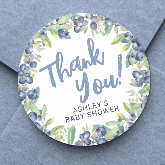 Adesivo Chá de Bebê Blueberry Obrigado (Blueberry Baby Shower Thank You Classic Round Sticker)